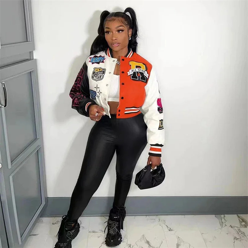 Fashion Print Bomber Jackets for Women Color Patchwork Stand Collar Buttons Long Sleeve Short Baseball Varsity Coats Streetwear 250304