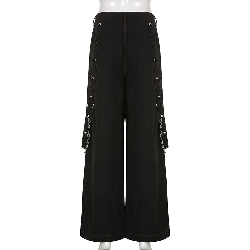 SUCHCUTE Gothic Chain Bandage Wide Leg Pant Oversize Low Rise Dark Academic Trousers Streetwear 90s Baggy Punk Style 250304