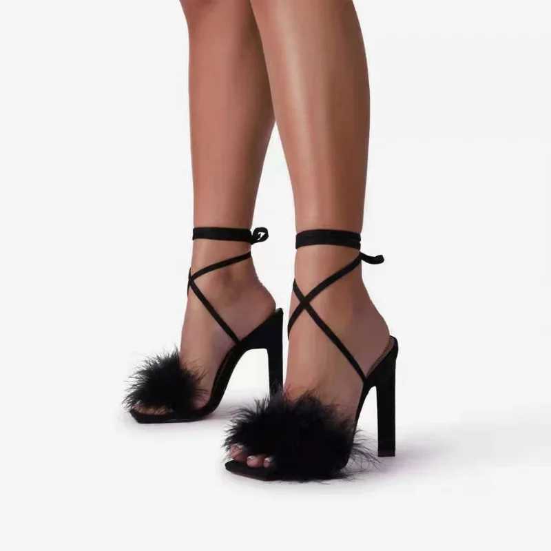 Maogu Feather Sexy Lace Up Sandals High-heeled Shoes Summer 2024 Square Toe Cross Tied High Heels Pumps Stripper Shoe for WomenXJ2500305