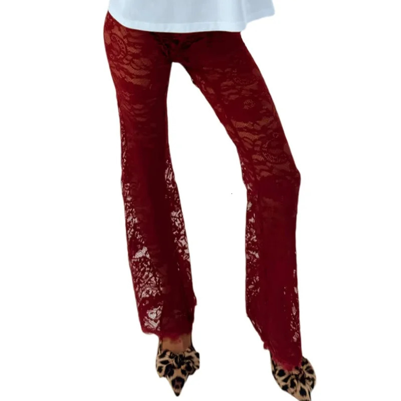 Stylish See-Through Lace Flare Pants Womens High Rise Elastic Waist Bell-Bottoms Spring Summer Streetwear Long Trousers 250304