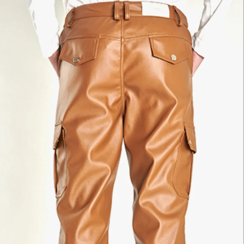 2214 Spring Autumn Camouflage Cargo Leather Pants Men Pockets Pencil Harem PU Plus Size Streetwear Faux Trousers 250304