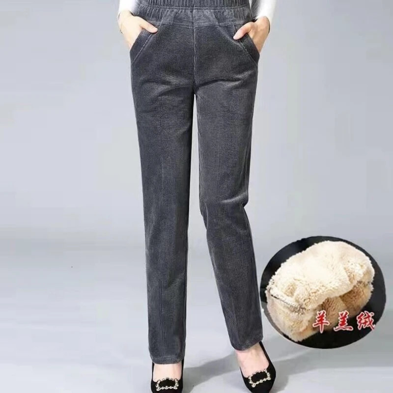 Thin Plush Thick Casual Pants Fleece Pencil Corduroy Warm High Waist Autumn Winter Leggings Trousers 250304