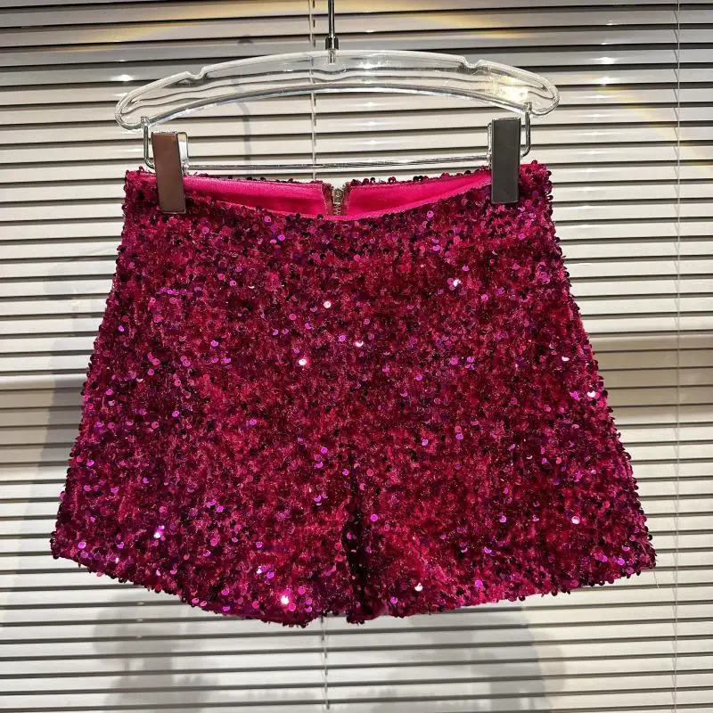 Clubwear Shorts Ladies Sexy Sequins Shorts Loose High Waist Streetwear Wide Leg Short Pants Sliver Black Women Clothing 250304