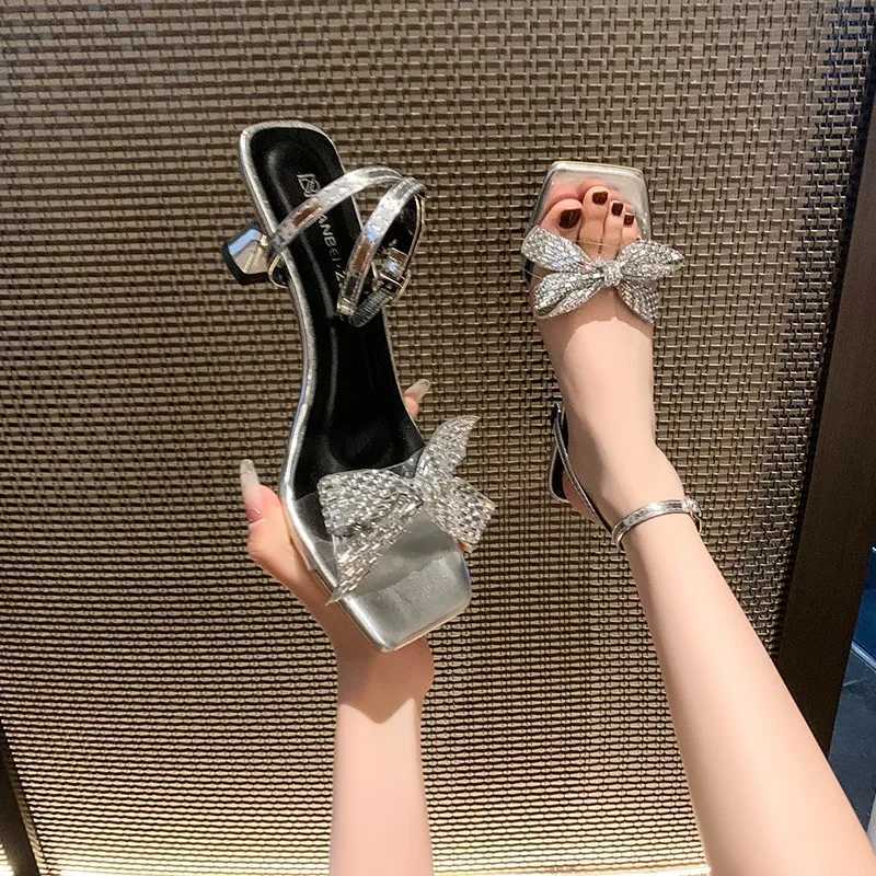Womens Buckle Square Toe Party Sandals Jewelry Crystal Bow High Heel Sandals Womens Summer Ankle Strap Thick Heel SandalsXJ2500305