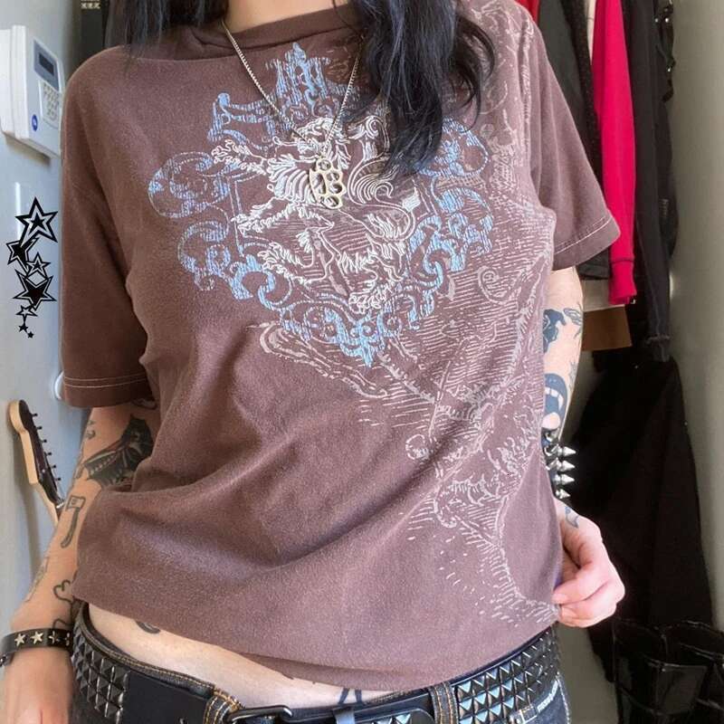 Mall Goth Cyber Grunge 00s Retro T-shirt Emo Vintage Brown Y2K Printed Graphic T-shirt Women Men's Short Sleeves Round Neck High Clothing