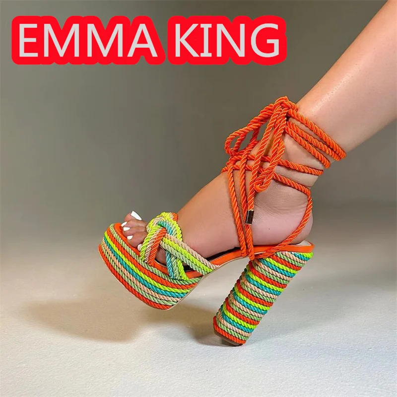Mixed Color Ropes Platform Sandals Sumer Special Material Lace Up Chunky Colorful Fashion Runway Women Sandals shoes Party 250228