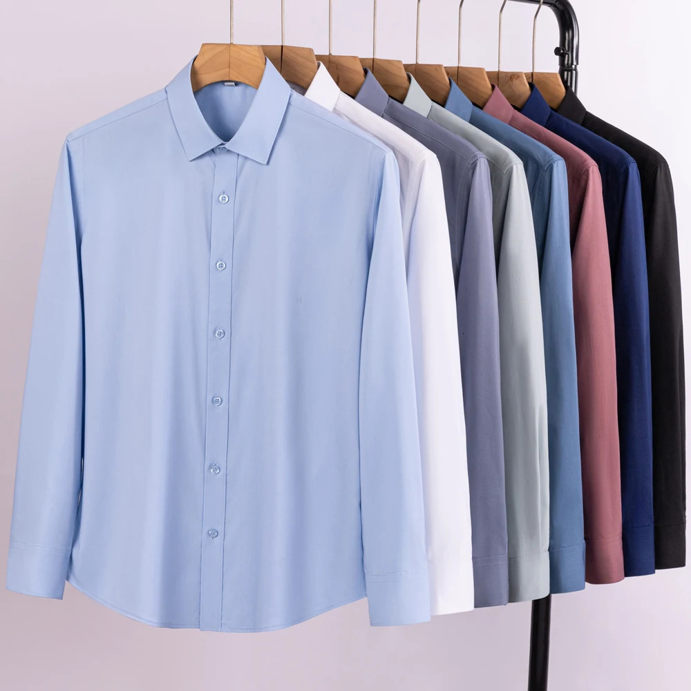 Mens Smooth Slight Strech Bamboo Fiber Dress Shirt Without Pocket Comfortable Soft Regular Fit Long Sleeve Easy Care Shirts 250227