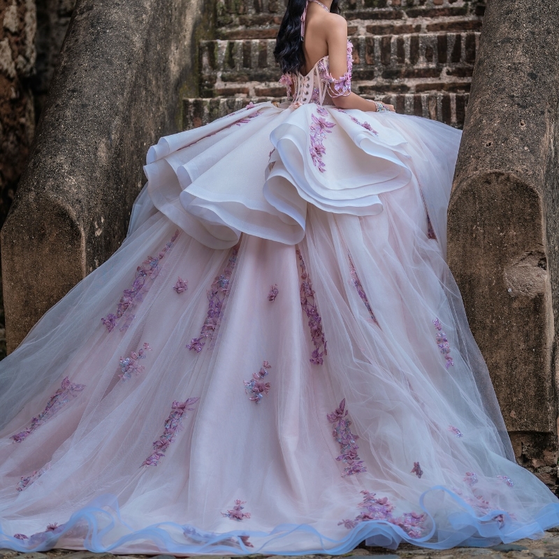 Light Pink Shiny Quinceanera Dresses Ball Gown Off Shoulder Applique Lace Beads Tull Corset Sweet 16 Dress Vestidos 15 De Anos