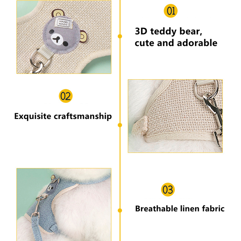 Cute Dog Harness and Leash Set, Linen Material Breathable Lightweight Easy Walk Escape Proof Vest Harnesses with Safety Buckle for Small Medium Dogs, 