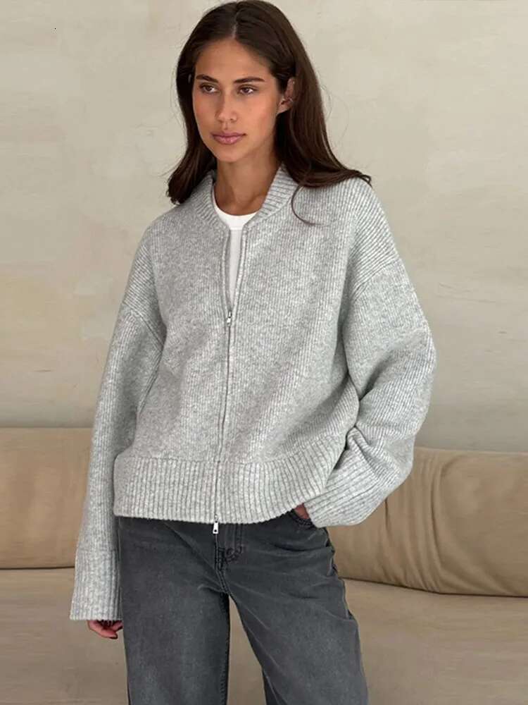 Vintage Knit Zipper Cardigan For Women Solid Color Loose O Neck Long Sleeve Sweater Female Spring Autumn All-Matching Knitwear