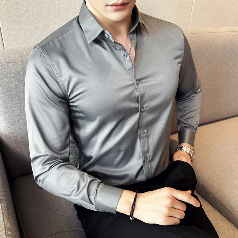 Mens Shirts Plain Color Dress Elastic Slim Fit Social Shirt Long Sleeve Elegant Prom Tuxedo Big Size 250227