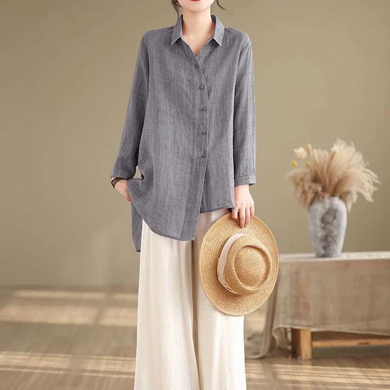 Cotton En Mid Length Shirt Spring Autumn New Artistic Style Casual Loose Slimming Temperament Tops Trendy Clothes For Women