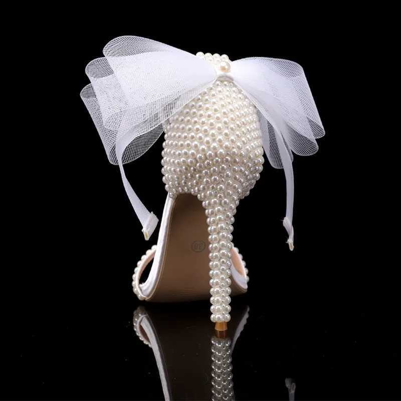 Summer New brand Fi Bowknot Beading Women Gladiator Sandals Luxury Pearls White thin High heels Wedding Bridal Party ShoesXJ2500305