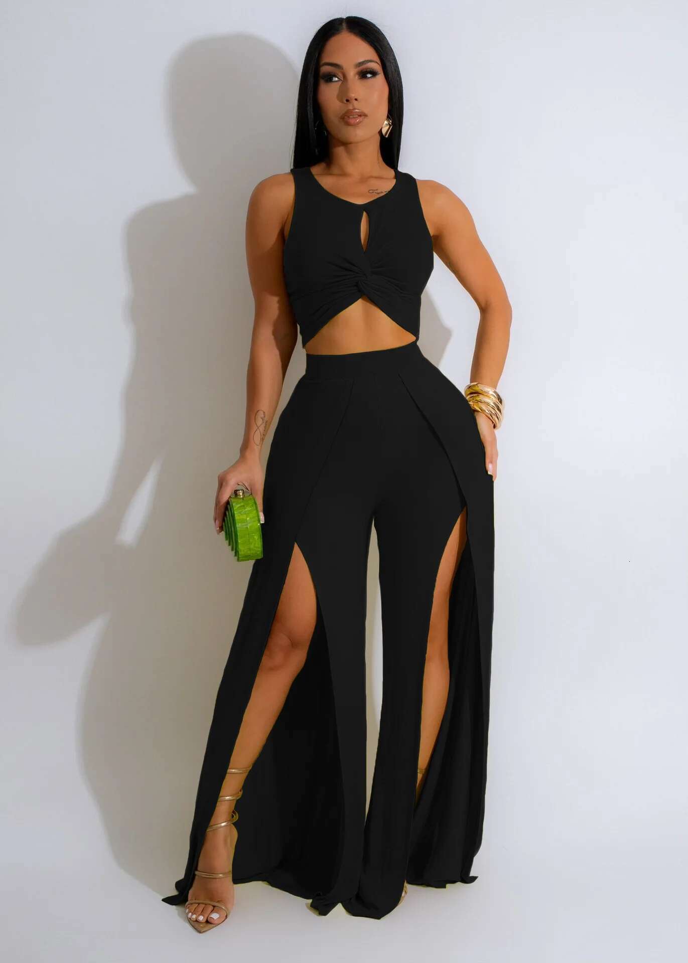 Summer Fashion Street Sexy Solid Sleeveless Top Split Wide Leg Pants Two Piece Set Women