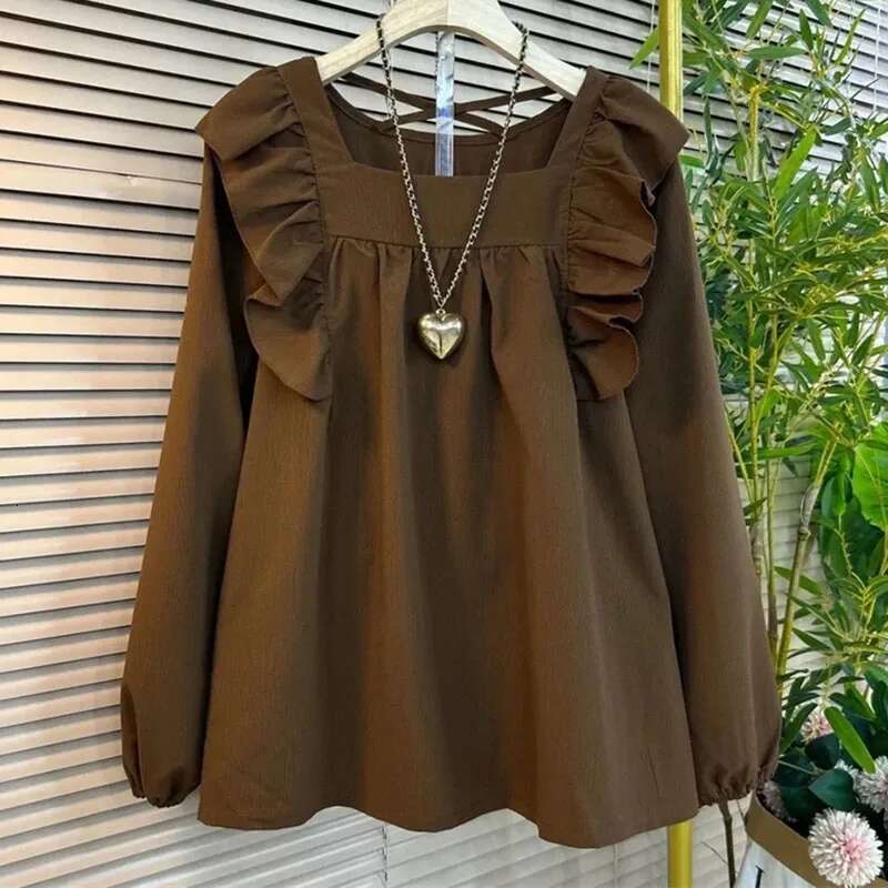 New Women's Shirt 2024 Spring Autumn Long Sleeve Lotus Leaf Edge Casual Ladies Tops Design Sense Square Neck Loose Lady Blouse