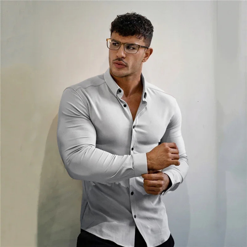 Mens Long Sleeve Super Slim Fit Plain Casual Shirt Spring Autumn Winter High Quality Turn Down Collar Business Dress 250227