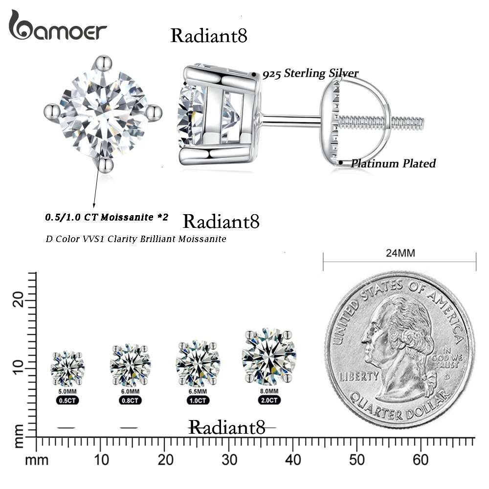 Bamoer 0.5-1ct Moissanite Screw Back for Women, D Color VVS1 Clarity Lab Created Dia Earring White Gold Earrings