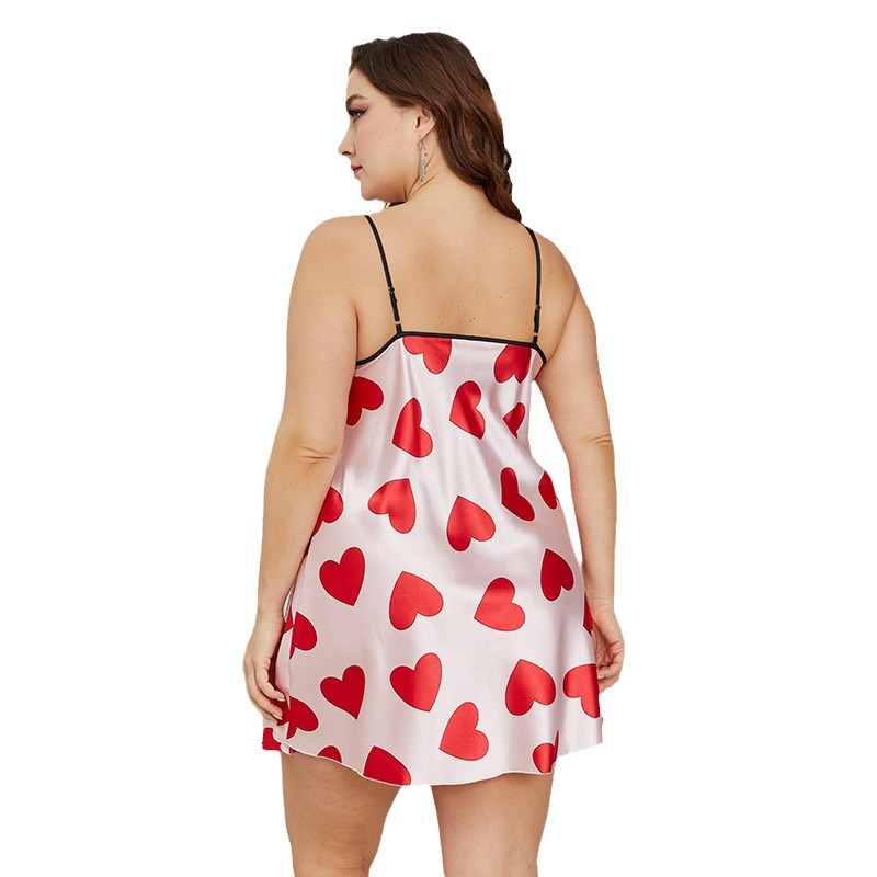 Plus Size Summer Ice Silk Camisole Nightgown with V-Neckline and Flattering Pink Love Heart Pattern