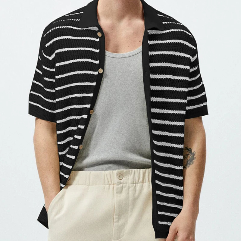 Mens Polo Shirt Light Knitted Clothing Vintage Striped Short Sleeve Fashion Leisure Hollow Out Knitwear M-3XL 250304