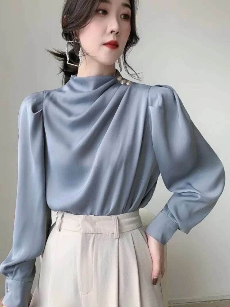 Satin Women's Shirts New Solid Casual Blouses Silk O-Neck Ladies Clothing Loose Long Sleeve Spring/Summer 2023 Fashion Tops