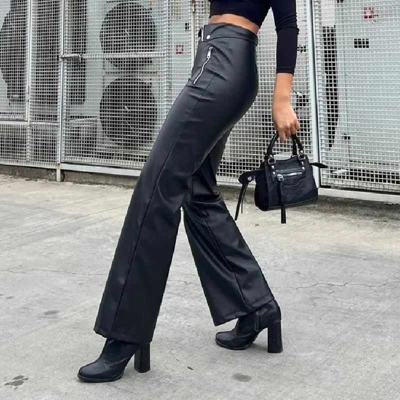 Candy PU Leather Zipper Slim Pants Y2K Casual Party Streetwear Highwaist Straight Leg 2024 Gothic Chic Women Trousers 250304