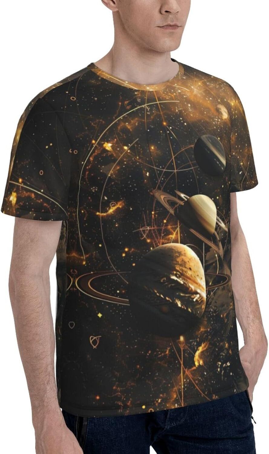 Mens T shirt Golden Planet 3D Printed T-Shirt for Men Universe Planets Graphic Soft Comfort Casual Tee tee Casual tops summer clothes