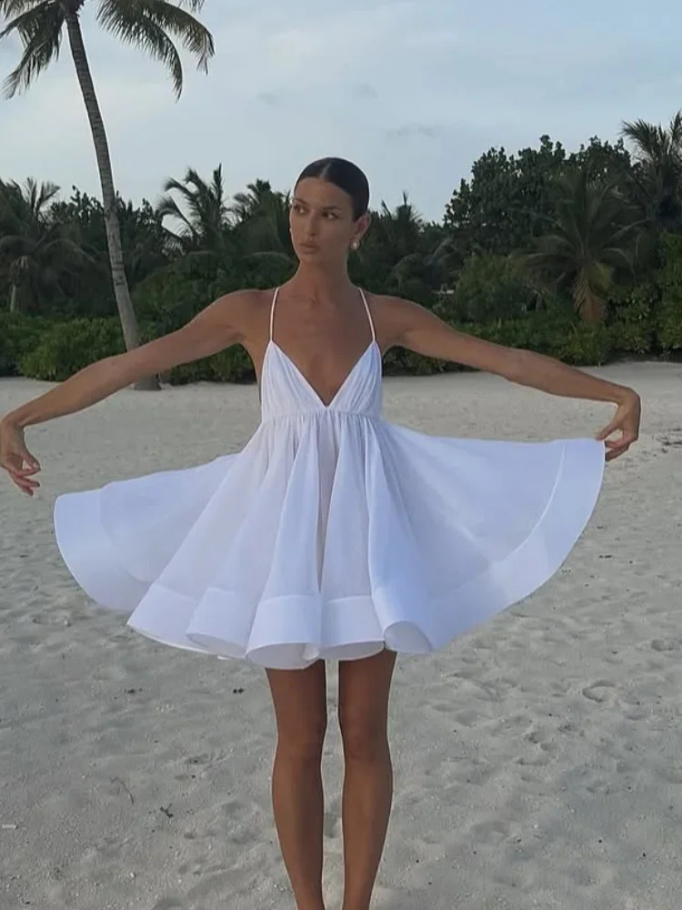 Elegant Chiffon Pleated Off Shoulder Women Sling Dress Fashion Lace Up Backless High Waist Aline Mini Dresses Lady Beach Robes 250305