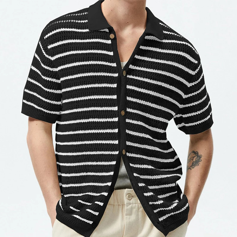 Mens Polo Shirt Light Knitted Clothing Vintage Striped Short Sleeve Fashion Leisure Hollow Out Knitwear M-3XL 250304