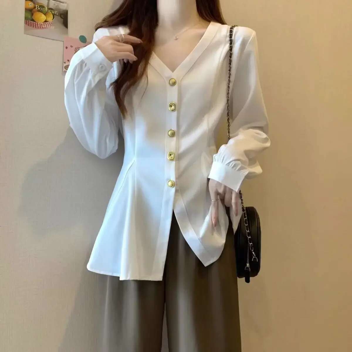 Fashionable V Neck Solid Color Shirt Spring Autumn Casual Commuting Elegant Loose Slimming Blouse Tops Trendy Clothes For Women
