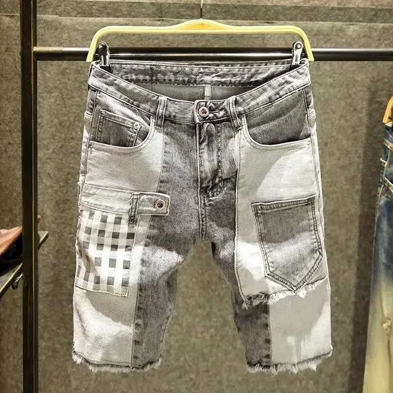 Male Denim Shorts Ripped Cut Spliced Graphic Mens Short Jeans Pants Y2k Fashion Original Summer Korean Vintage Buttons New InT250305