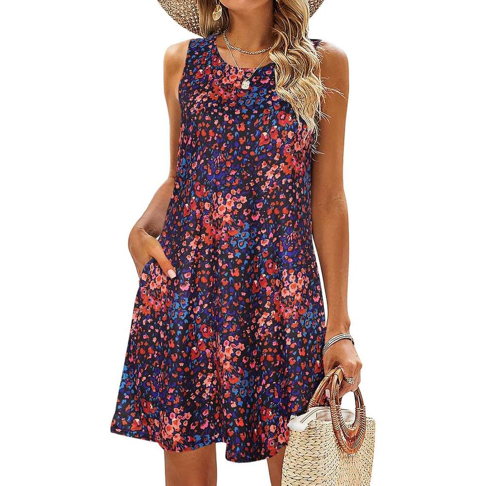 Women's summer dress beach floral T-shirt casual pocket bohemian vest skirt