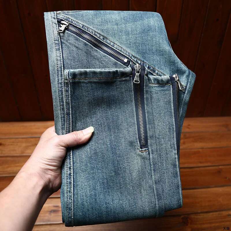 Street Style Zipper Design Motorcycle Jeans For Trendy Wild Stretch Slim Fit Skinny 2024 New Retro Trousers Men