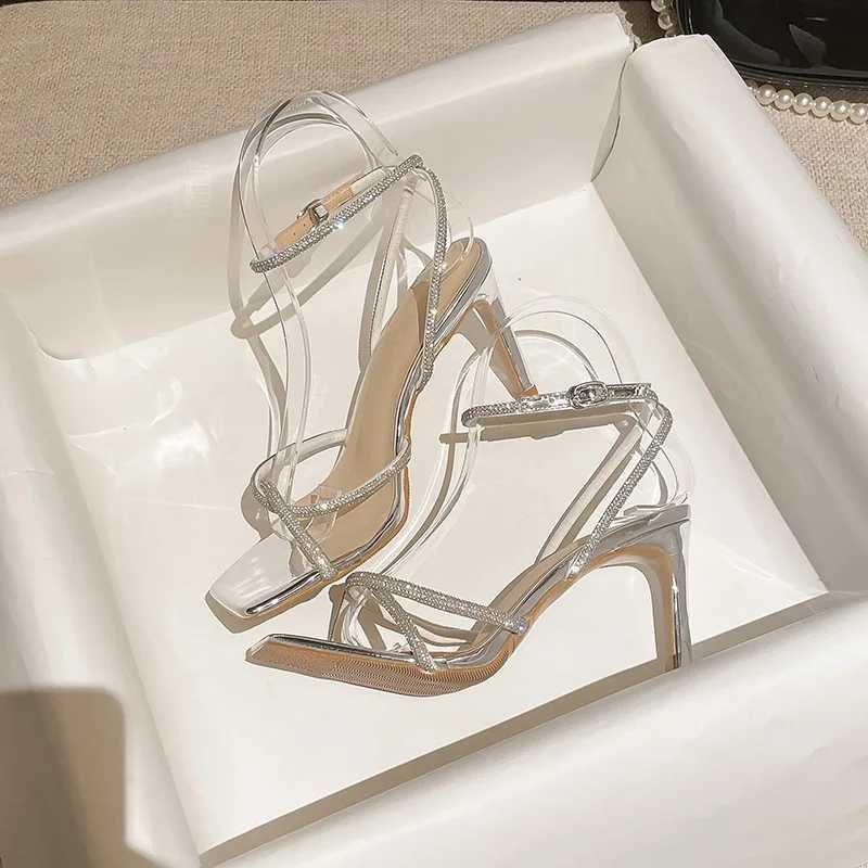 2023 Summer New Women Sandals Fairy Style Square Head Sier Rhine Slim Band Temperament and Word Band Versatile High HeelsXJ2500305