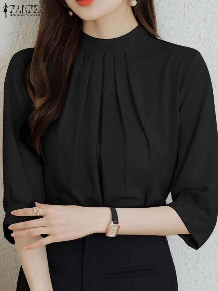 ZANZEA Summer Women Solid Work OL Shirt Fashion 3/4 Sleeve Casual Pleated Tops Elegant Office Lady Blouse Female Loose Blusas