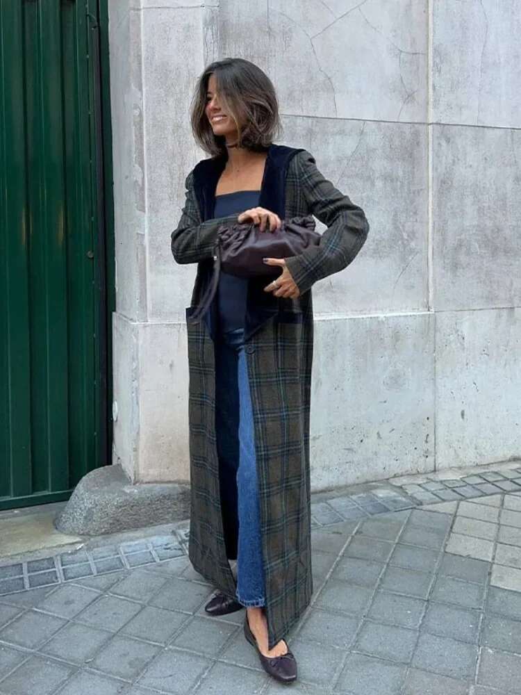 2025 Spring Street Jacket Woolen Plaid Coat Women Turn-Down Collar Loose Long Sleeve Button Elegant Outwear Female Thicken