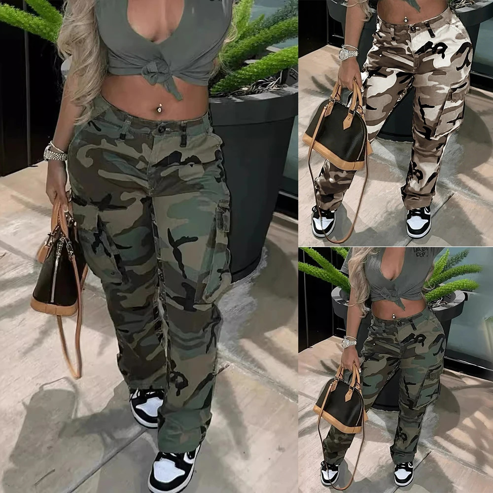 Women Vintage Pants High Waist Casual Y2K Camouflage Trousers Cargo Long Pant Female Camo Pants XS S M L XL 250304