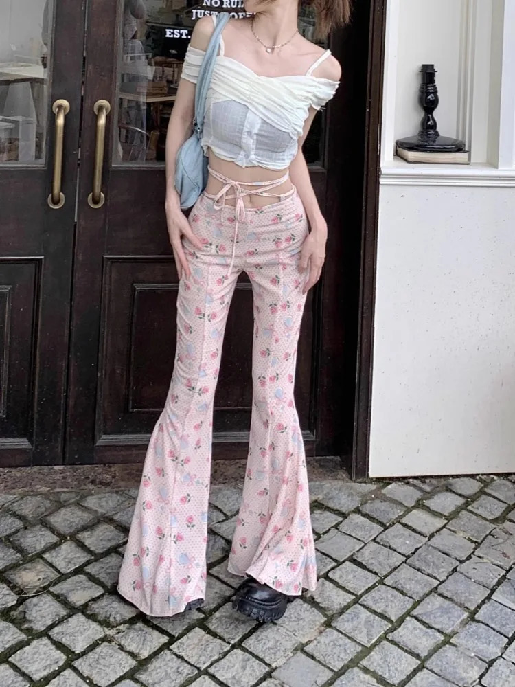 Sweet Floral Print Casual Pants for Women Sumemr Slim Fit Ruffles Flare Y2k E-Girl High Waist Loose Wide Leg 250304