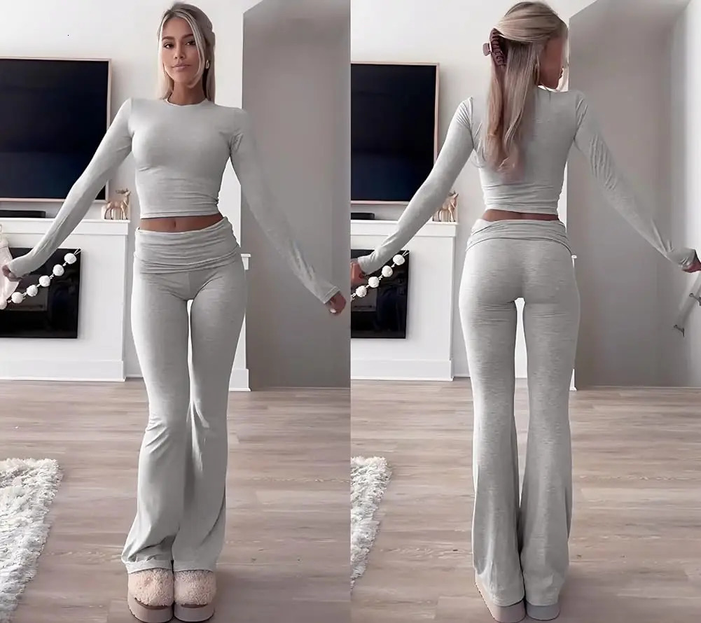 Casual Workout Two Piece Outfits Long Sleeve High Waist Fold-over Flare Flared Leggings Pants Tracksuit Sets Streetwear 250304