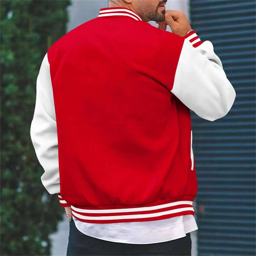 Men's baseball jacket, autumn fashion, patchwork, long sleeves, high neck, loose jacket, outerwear, casual sports, button up sweatshirt