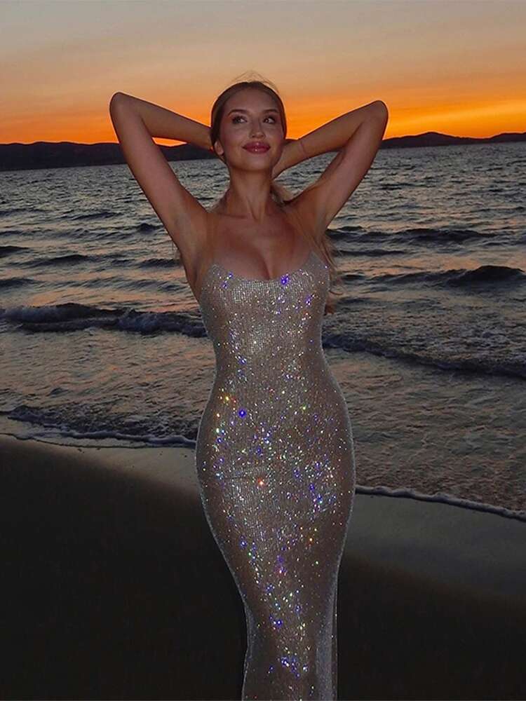 Sexy Sequin Dias Dresses Women Shiny Sleeveless Backless Bodycon Fishtail Gown Lady Perspective Evening Party Dress