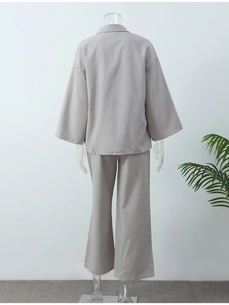Fashion Cotton Linen Grey Wide Leg Pant Set Women Long Sleeve Single Breasted Shirts Suit 2025 Casual Loose High Streetwear 250304