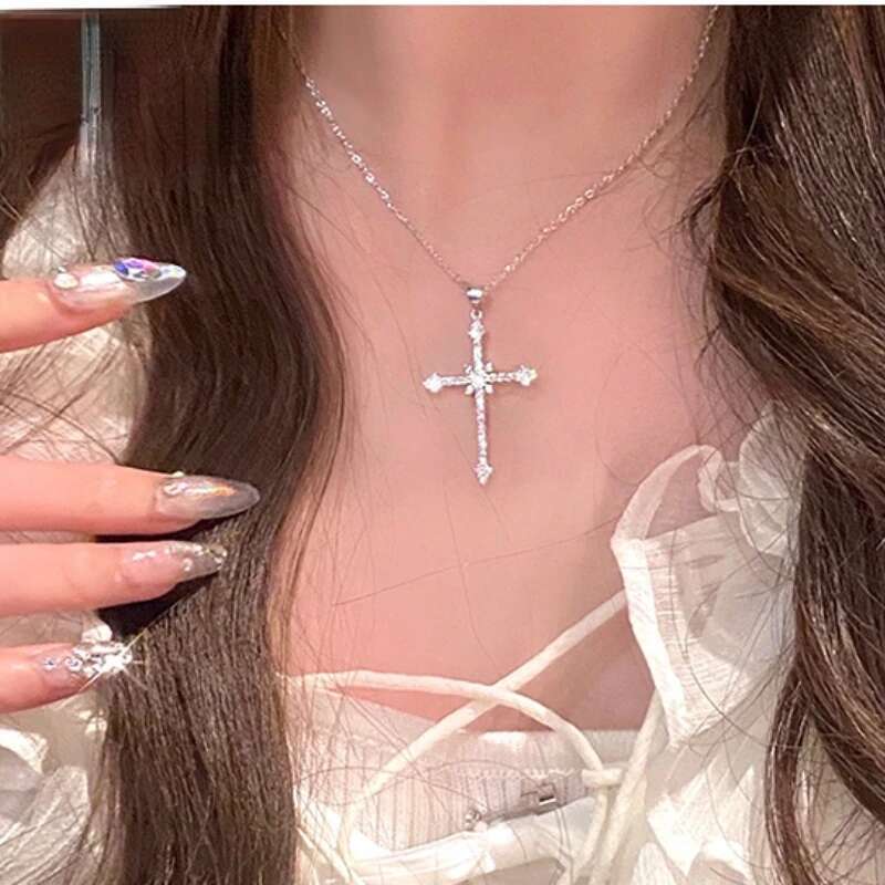 Fashion Zircon Cross Pendant for Women Girl Crystal Chain Necklace Punk Party Jewelry