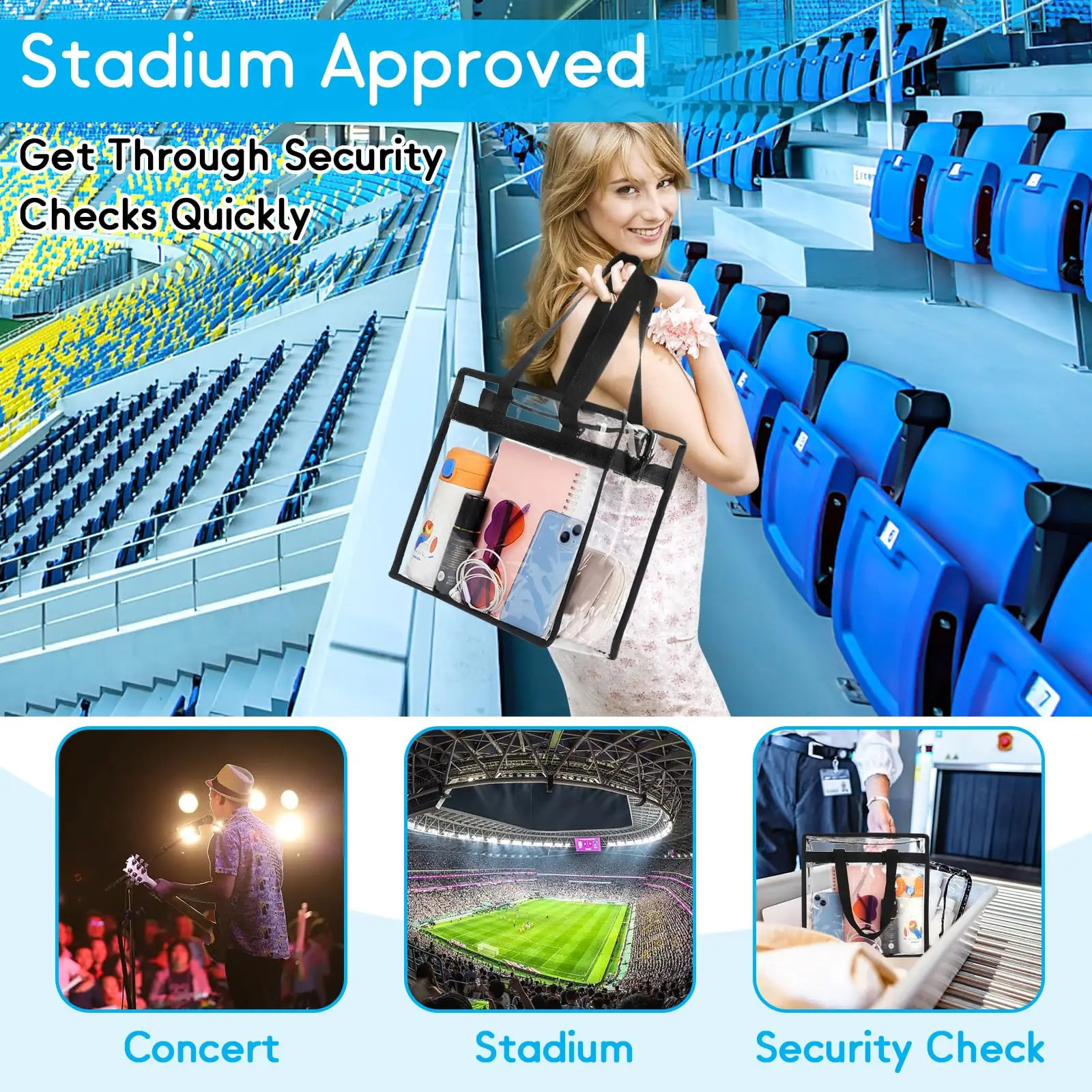 Ship from US Transparent bag for sports events approved large capacity transparent shoulder zippered handbag used concerts 250305FBB