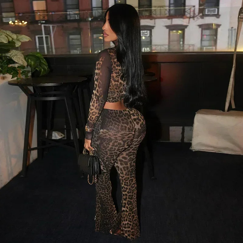 XIZOU Leopard Print 2 Piece Set Women Hipster Sexy Full Sleeve Tops and Pants Matching Coquette Midnight Party Club Outfits 250304