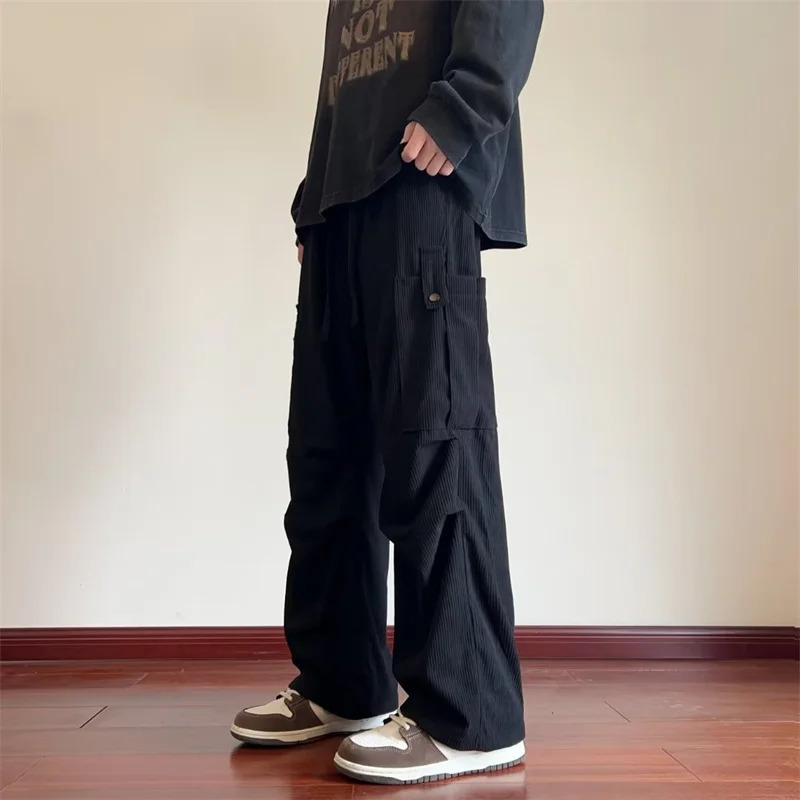 2024 Corduroy Cargo Pants Men Y2K Vintage Baggy Wideleg Trousers Straight Casual High Street Army Green Mens 250304