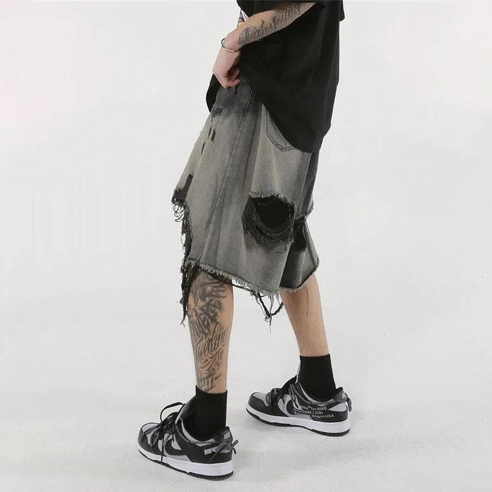 High Street Loose Washed Old Ripped Shorts American Retro Shorts Summer Street Y2K Hip Hop Tassel Wide Leg Casual Denim Shorts 250304
