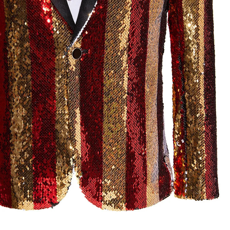 Mens Shining Sequin Stripes Suit Jackets Gold Red Shawl Collar Formal Blazer Male Singer Bar Concert Performance Tuxedo Costume 250304