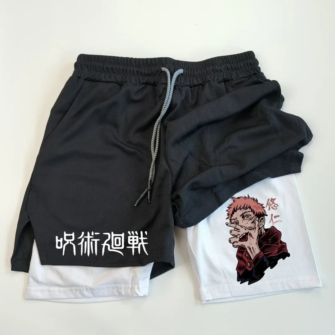 Itadori Yuji 2 in 1 Compression Shorts for Men Anime Jujutsu Kaisen Performance Basketball Sports Gym with Pockets 250224