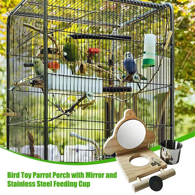Parrot Perch Wooden Parakeet Mirror Toy Bird Parrot Perch With Mirror And Feeding Cups Cage Play Toy For Lovebird