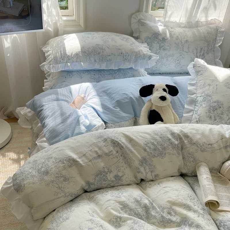 Blue Floral Ruffle Duvet Cover Set Queen Flower Leaf Comforter Covers 4Pcs Soft Luxury Pastoral Garden Washed Cotton Bedding SetT250304